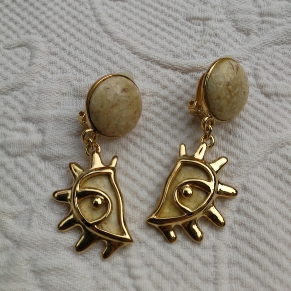 Vintage Jewelry - Vintage Earrings Clips Dangling Half Sun Gold